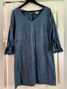J. Crew Denim-Blue V-Neck Tie-Sleeve Shift Dress